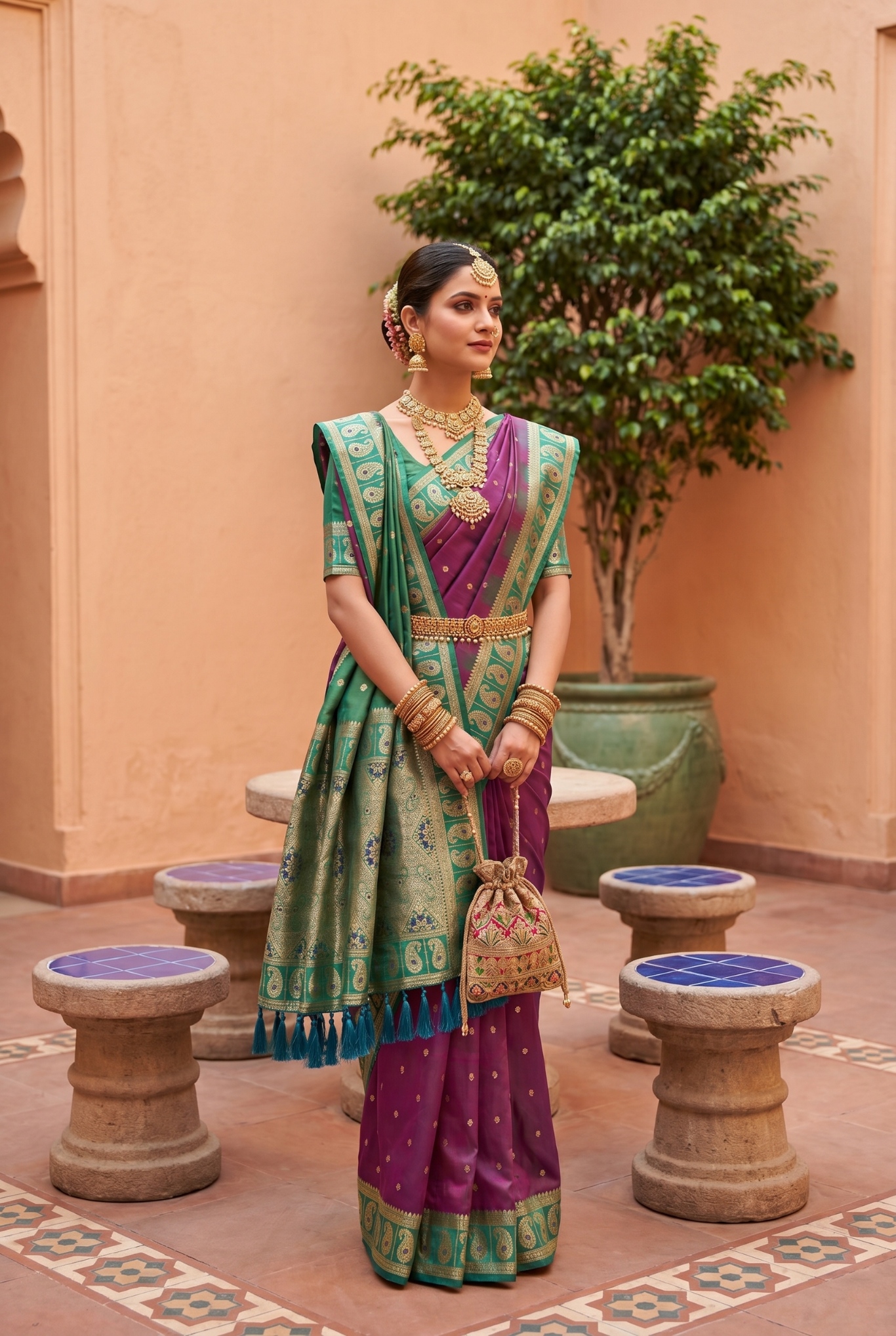 Onion Ethnic Motif Woven Soft Silk Saree