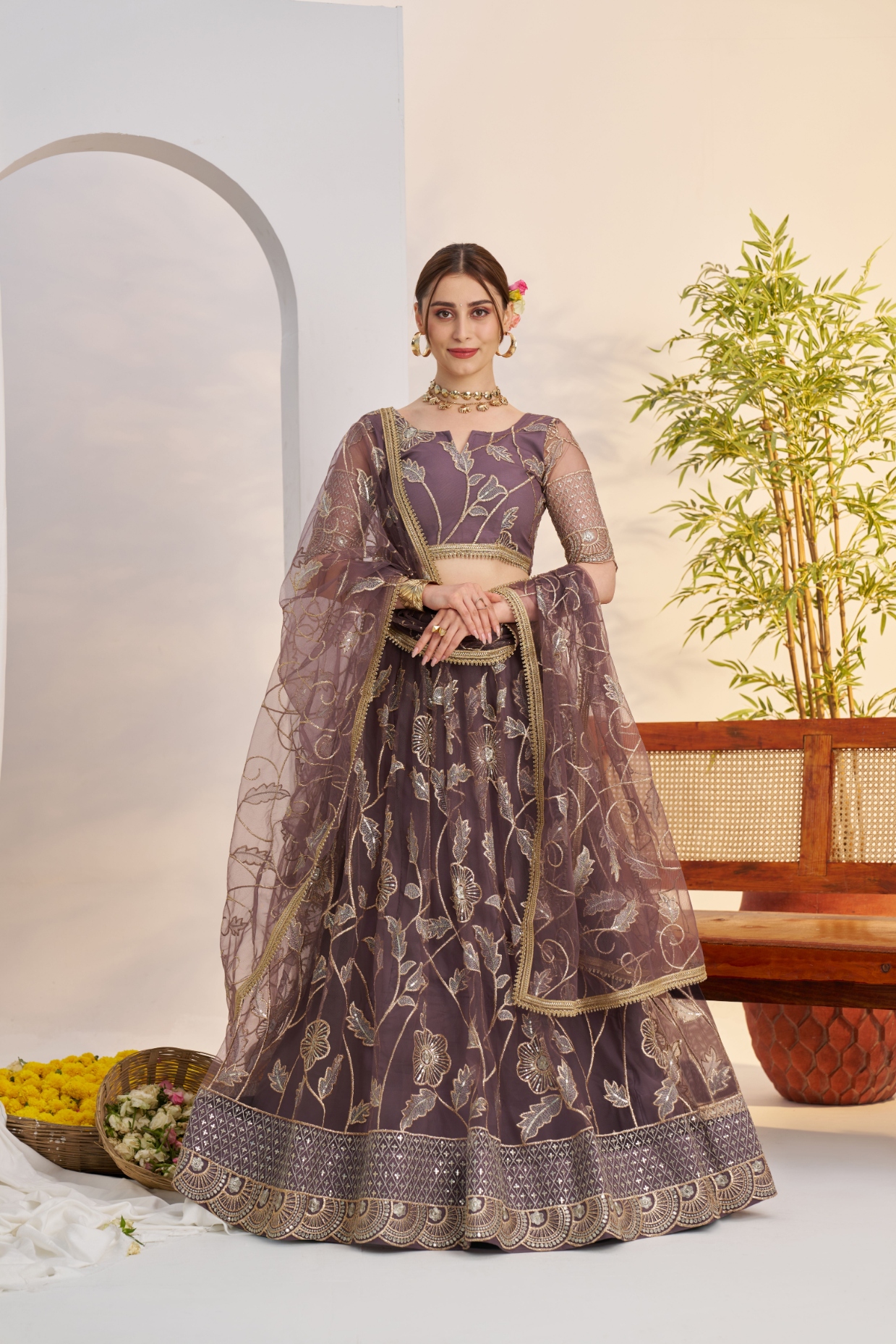 Onion Floral Embroidered Butterfly Net Flared Lehenga Choli