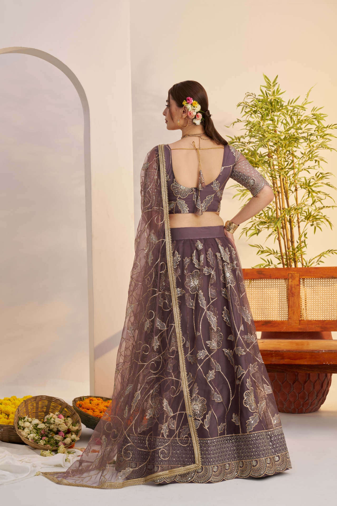 Onion Floral Embroidered Butterfly Net Flared Lehenga Choli — alternate view