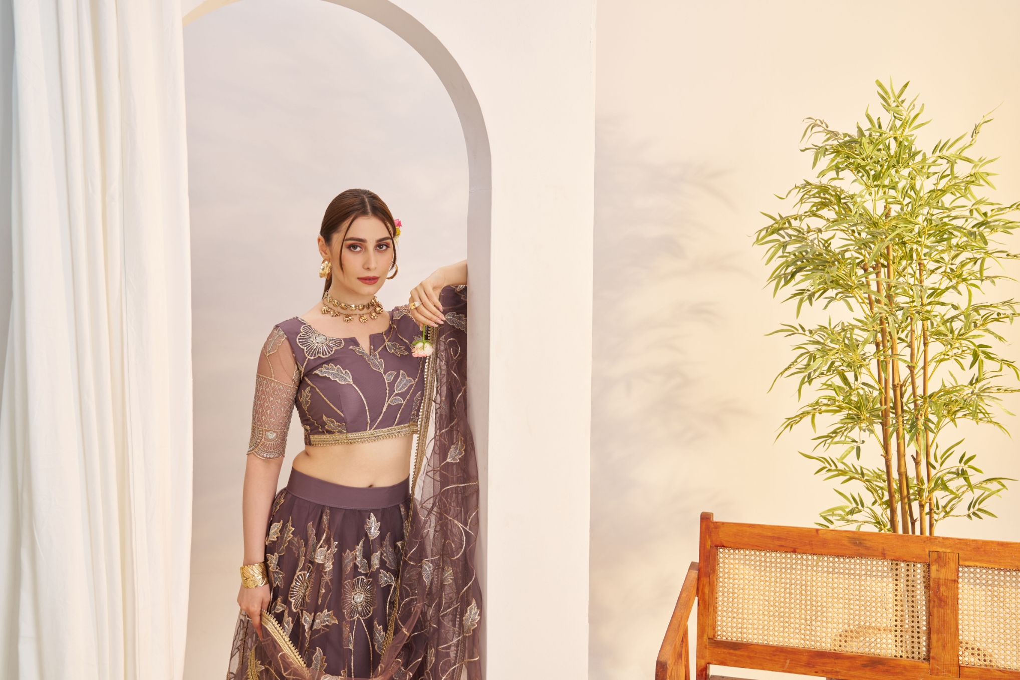 Onion Floral Embroidered Butterfly Net Flared Lehenga Choli
