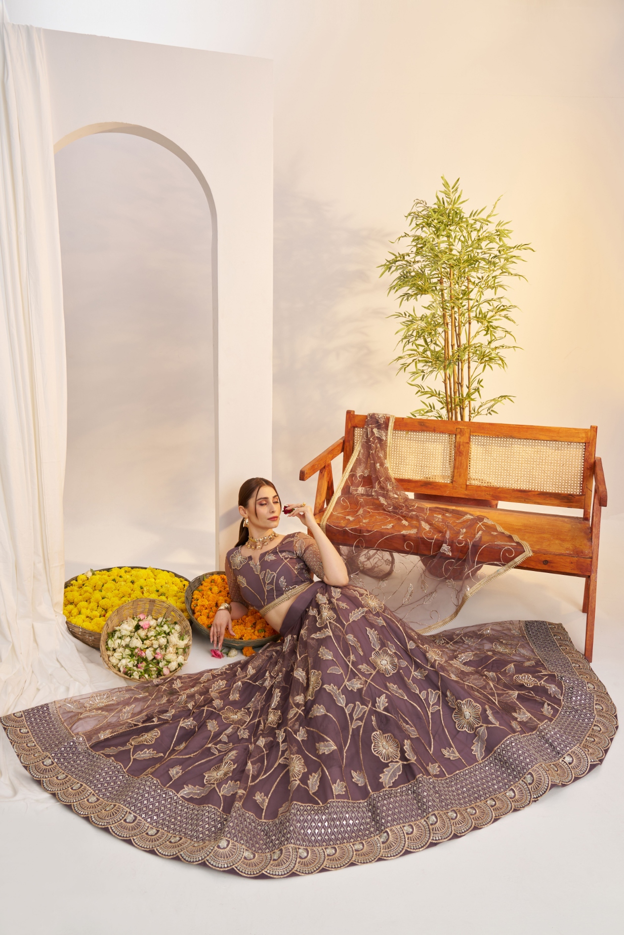 Onion Floral Embroidered Butterfly Net Flared Lehenga Choli