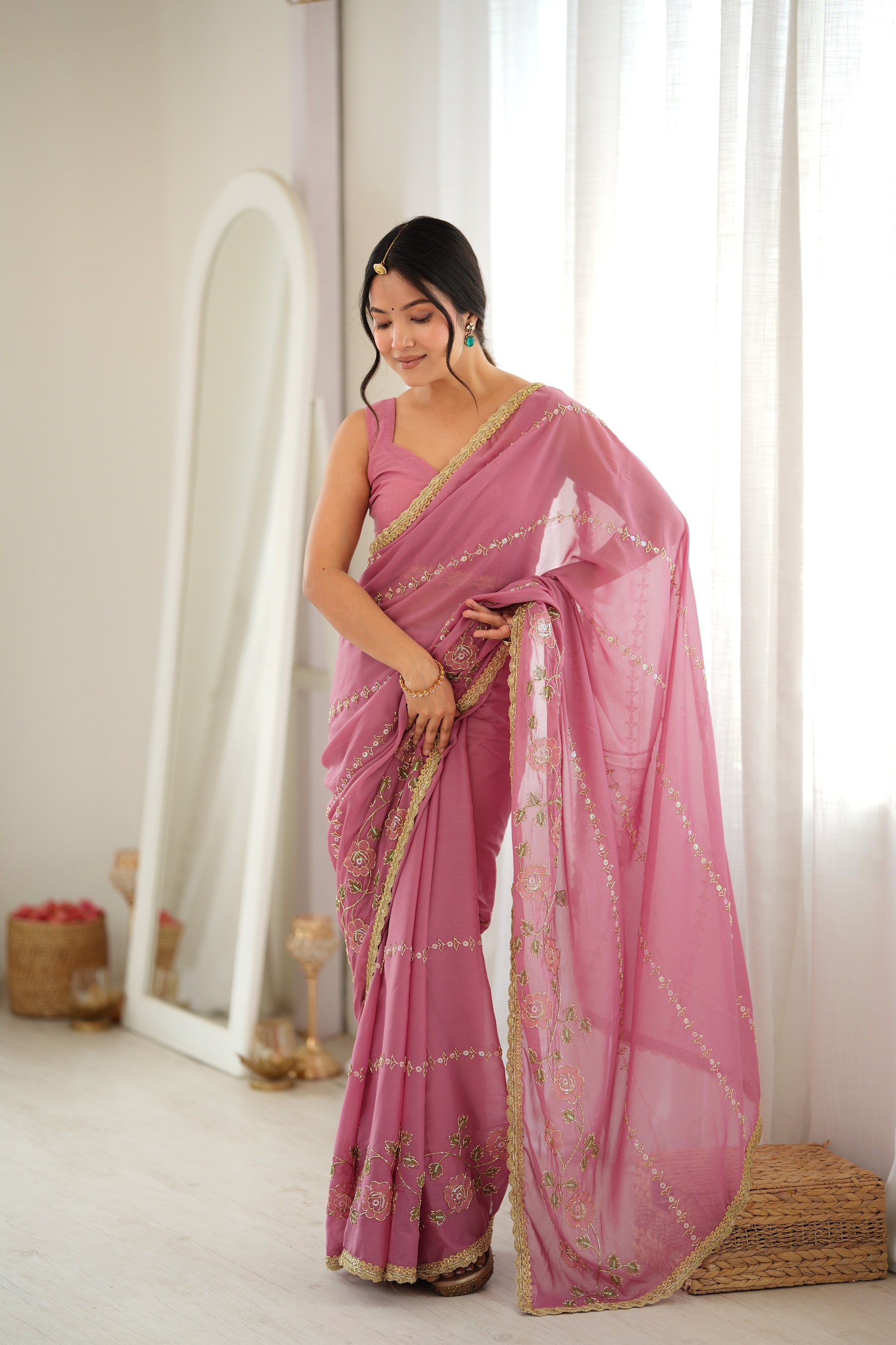 Onion Floral Embroidered Star Georgette Saree
