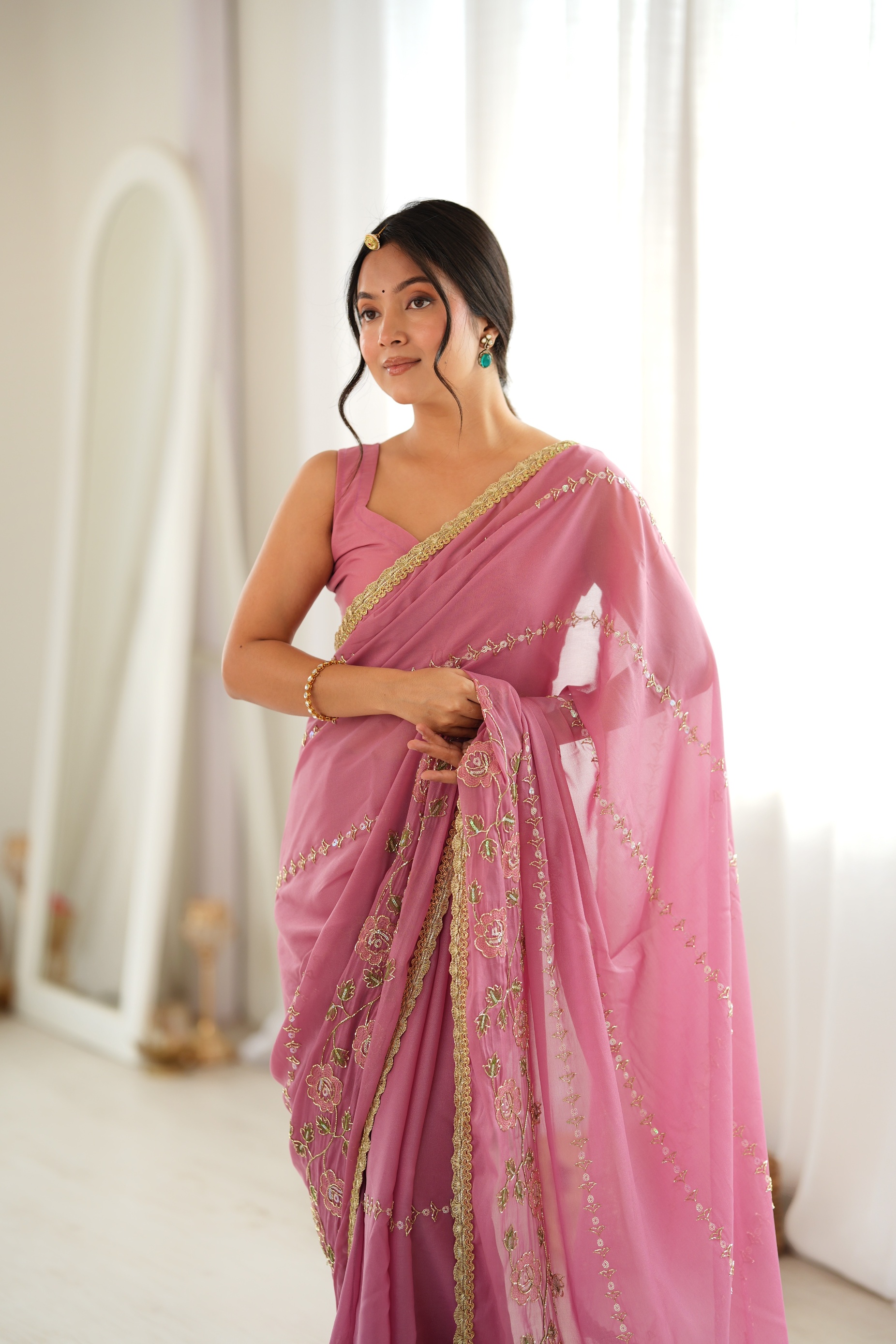 Onion Floral Embroidered Star Georgette Saree