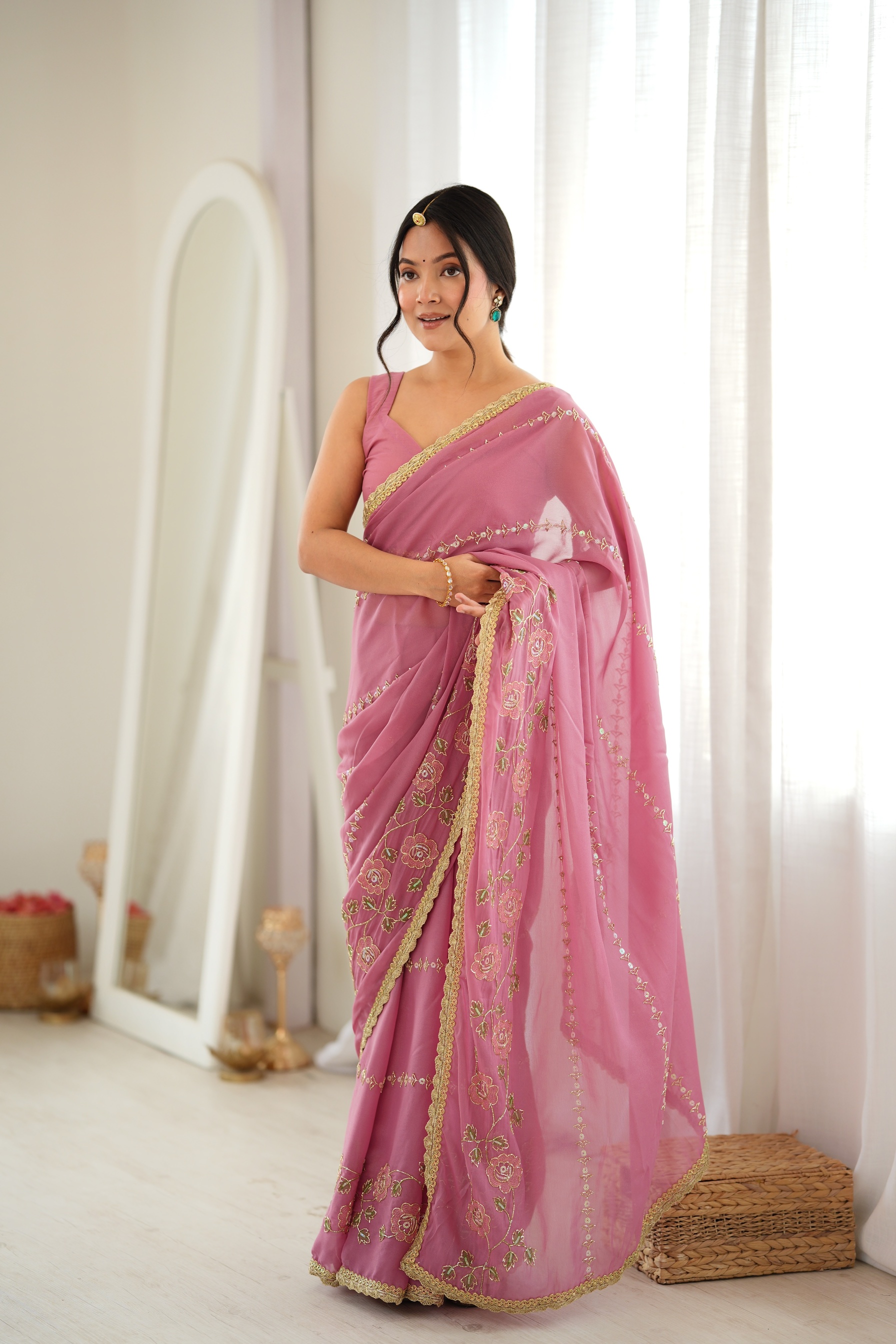 Onion Floral Embroidered Star Georgette Saree