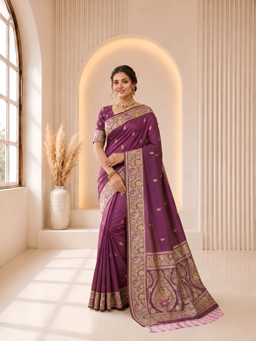 Onion Floral Jacquard Banarasi Silk Designer Saree