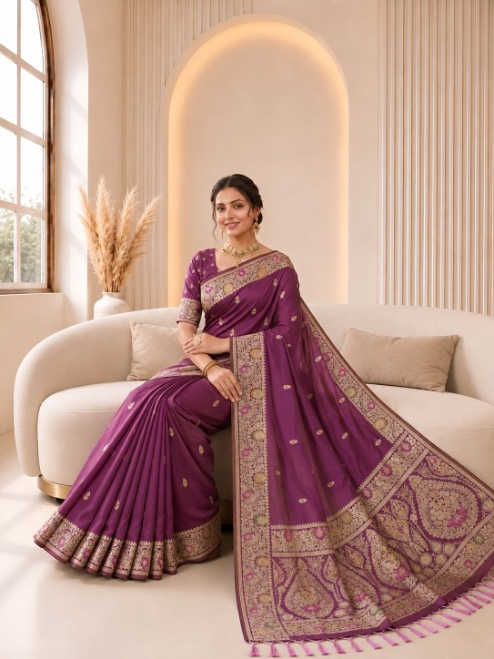 Onion Floral Jacquard Banarasi Silk Designer Saree
