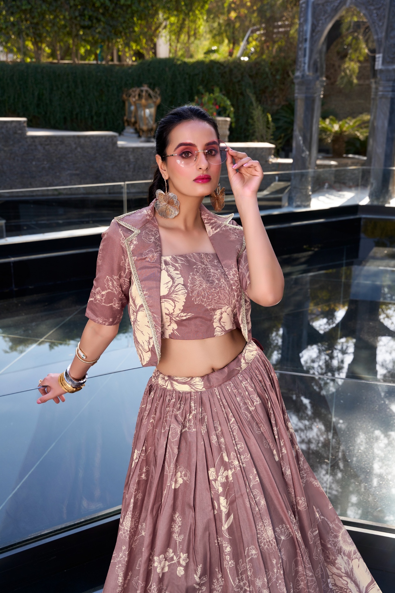 Onion Floral Printed Tussar Silk Jacket Lehenga Choli — alternate view