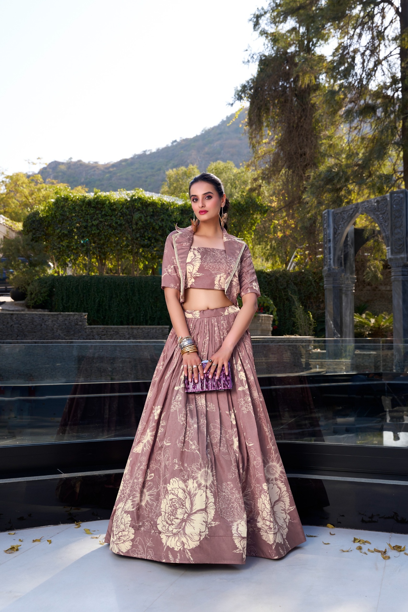 Onion Floral Printed Tussar Silk Jacket Lehenga Choli