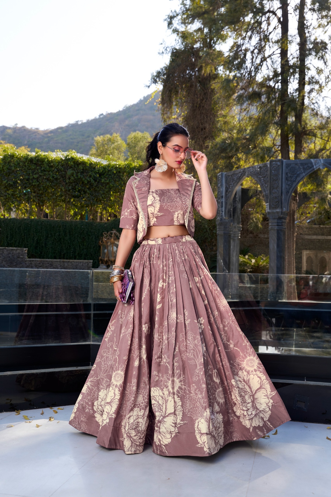 Onion Floral Printed Tussar Silk Jacket Lehenga Choli