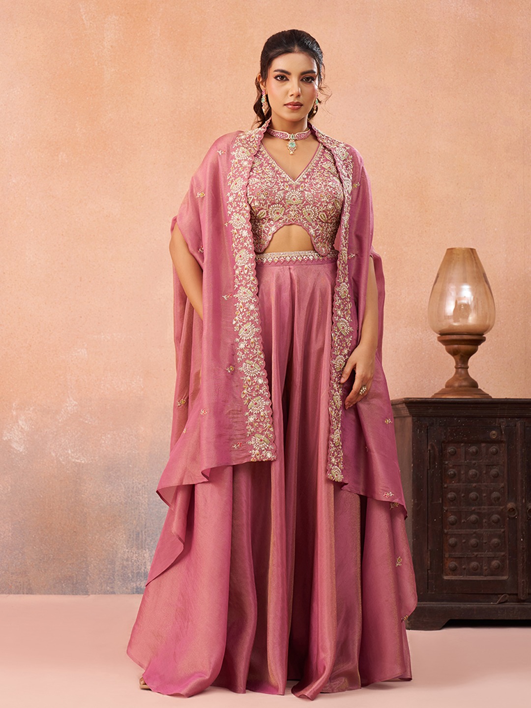 Onion Muted Layered Embroidered Crepe Indo Western Set
