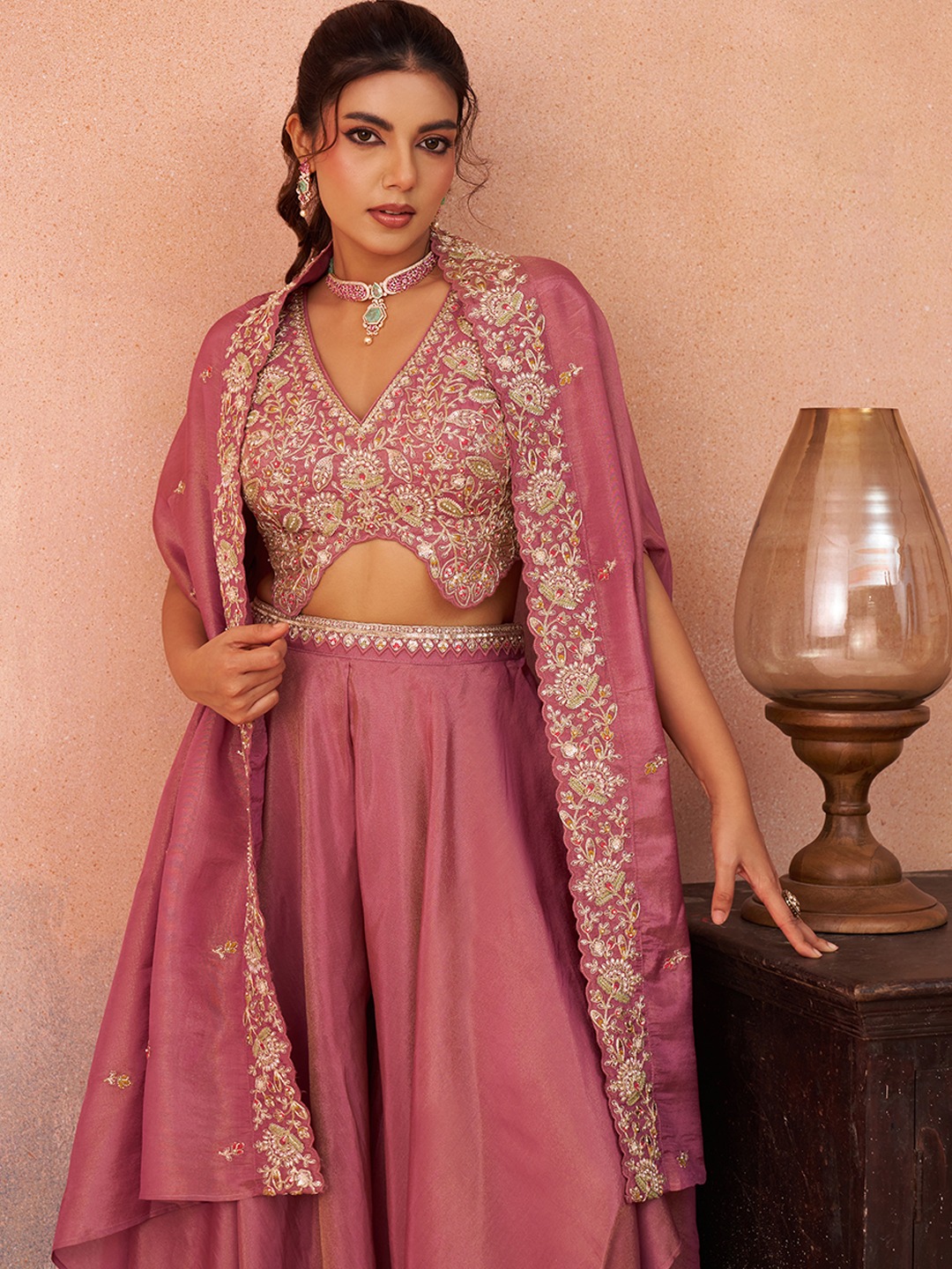 Onion Muted Layered Embroidered Crepe Indo Western Set