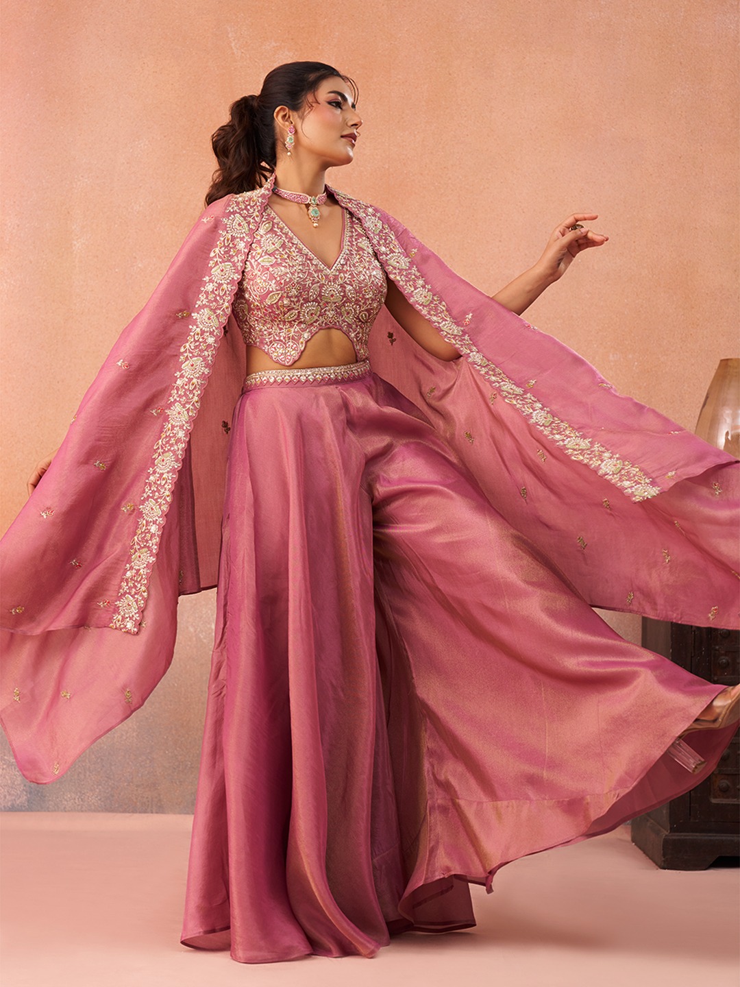 Onion Muted Layered Embroidered Crepe Indo Western Set