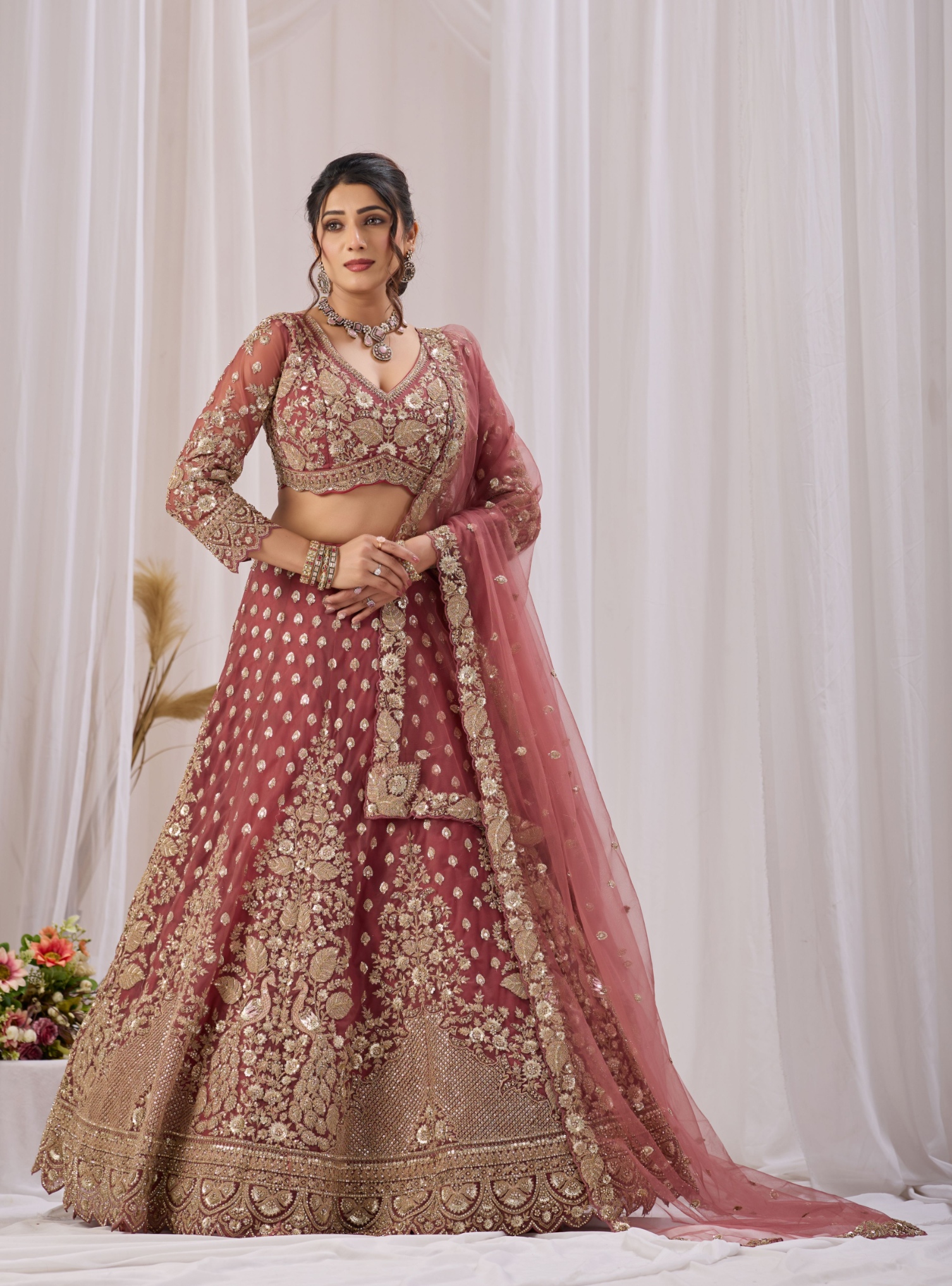 Onion Pink Floral Embroidered Net Lehenga Choli