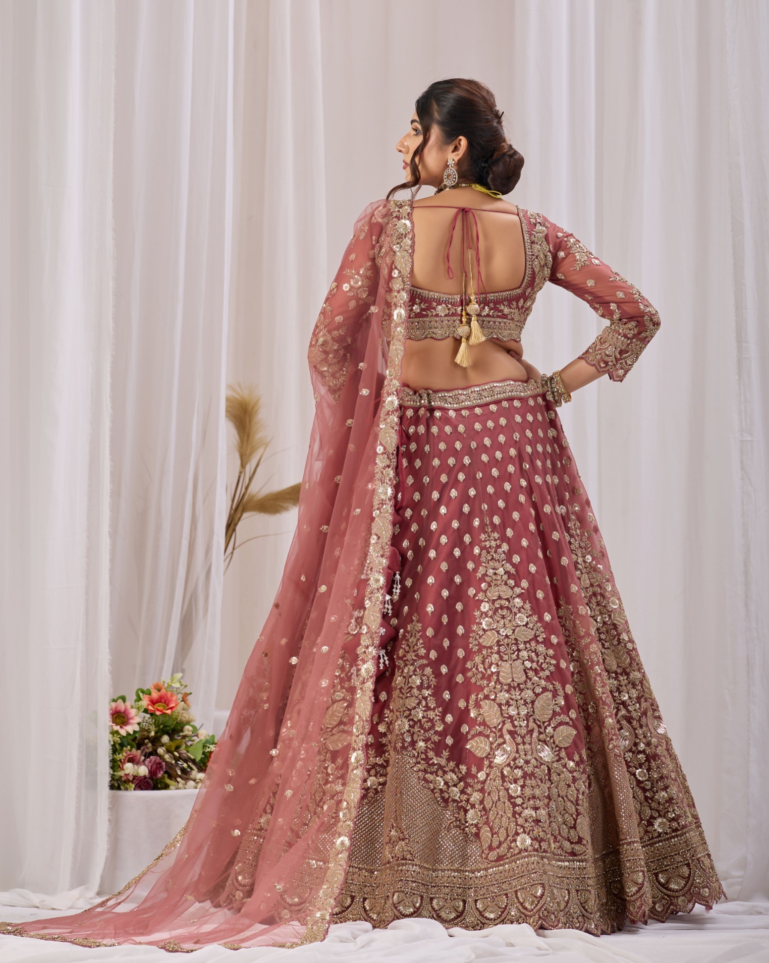 Onion Pink Floral Embroidered Net Lehenga Choli — alternate view