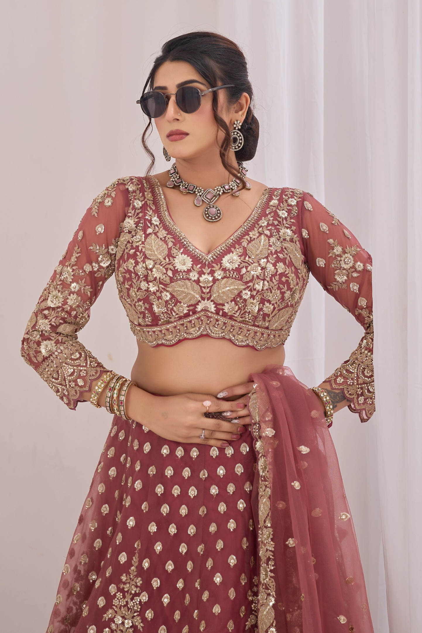 Onion Pink Floral Embroidered Net Lehenga Choli