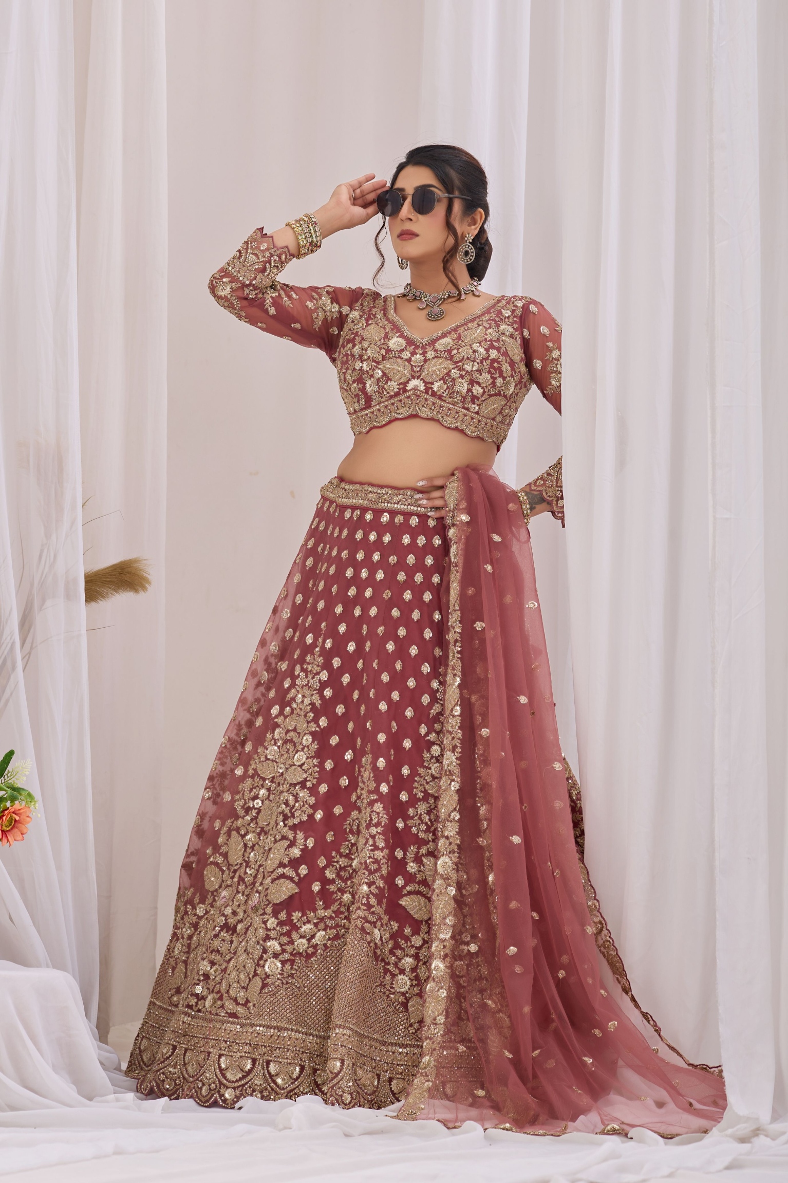 Onion Pink Floral Embroidered Net Lehenga Choli