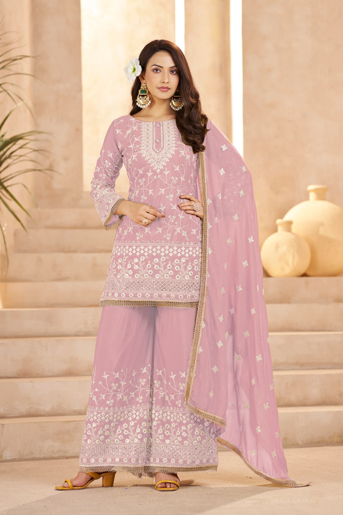 Onion Pink Star Georgette Palazzo Suit