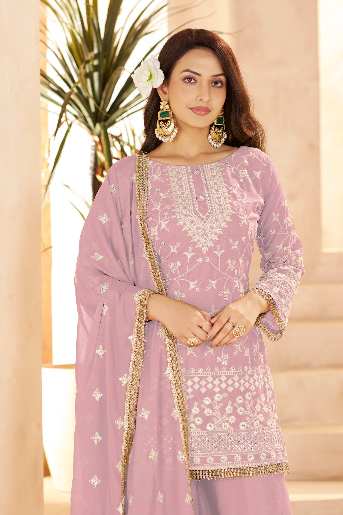 Onion Pink Star Georgette Palazzo Suit — alternate view