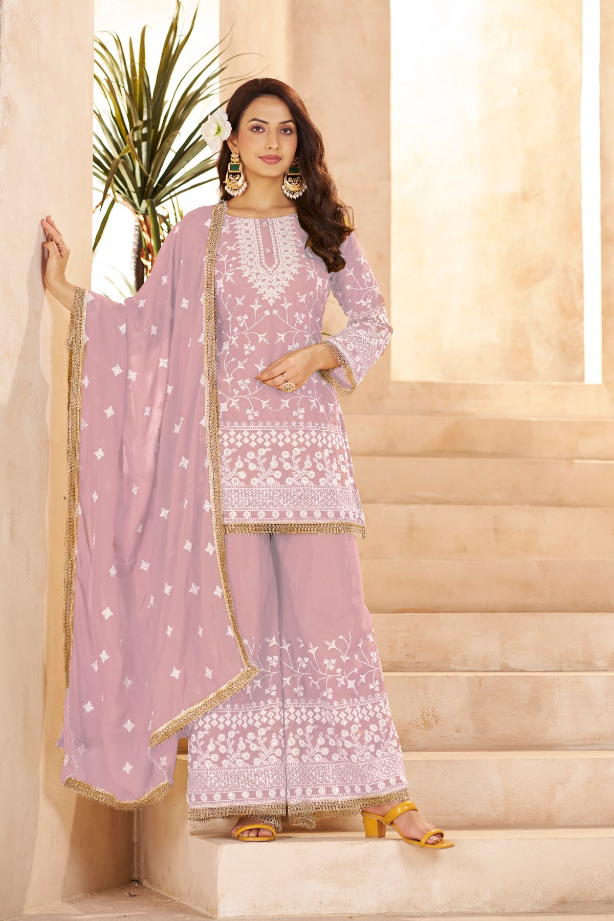 Onion Pink Star Georgette Palazzo Suit