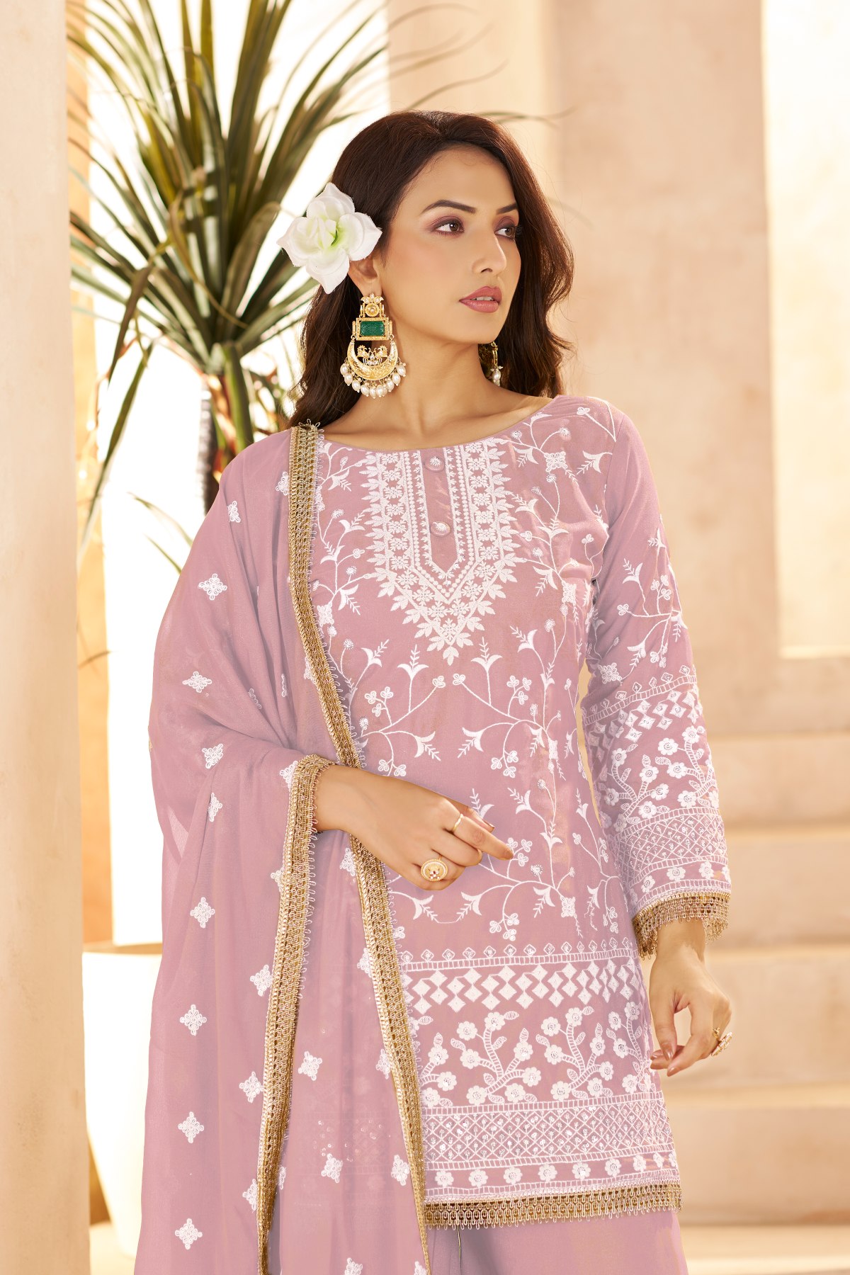 Onion Pink Star Georgette Palazzo Suit