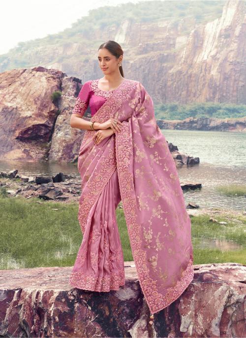 Onion Pink Tissue Jacquard Silk Saree with Heavy Embroidery