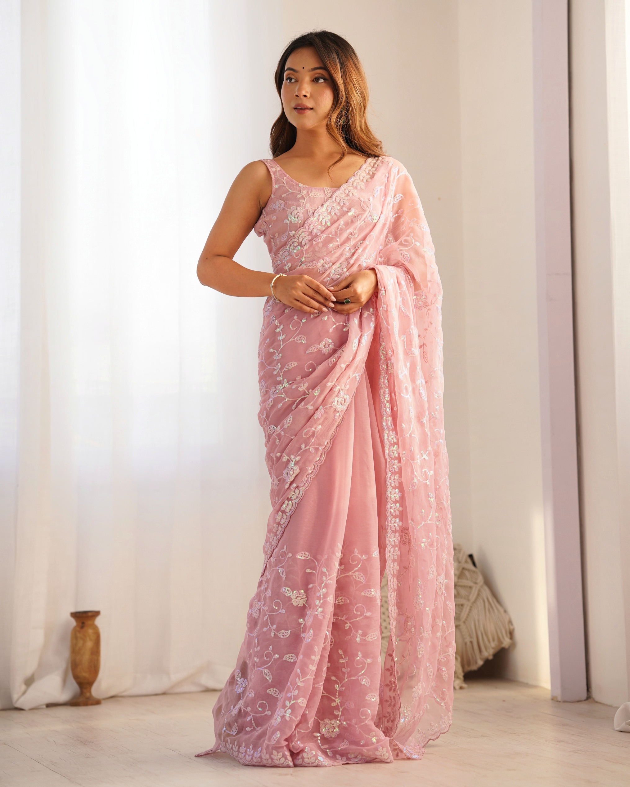 Onion Sequence Embroidered Shimmer Designer Saree