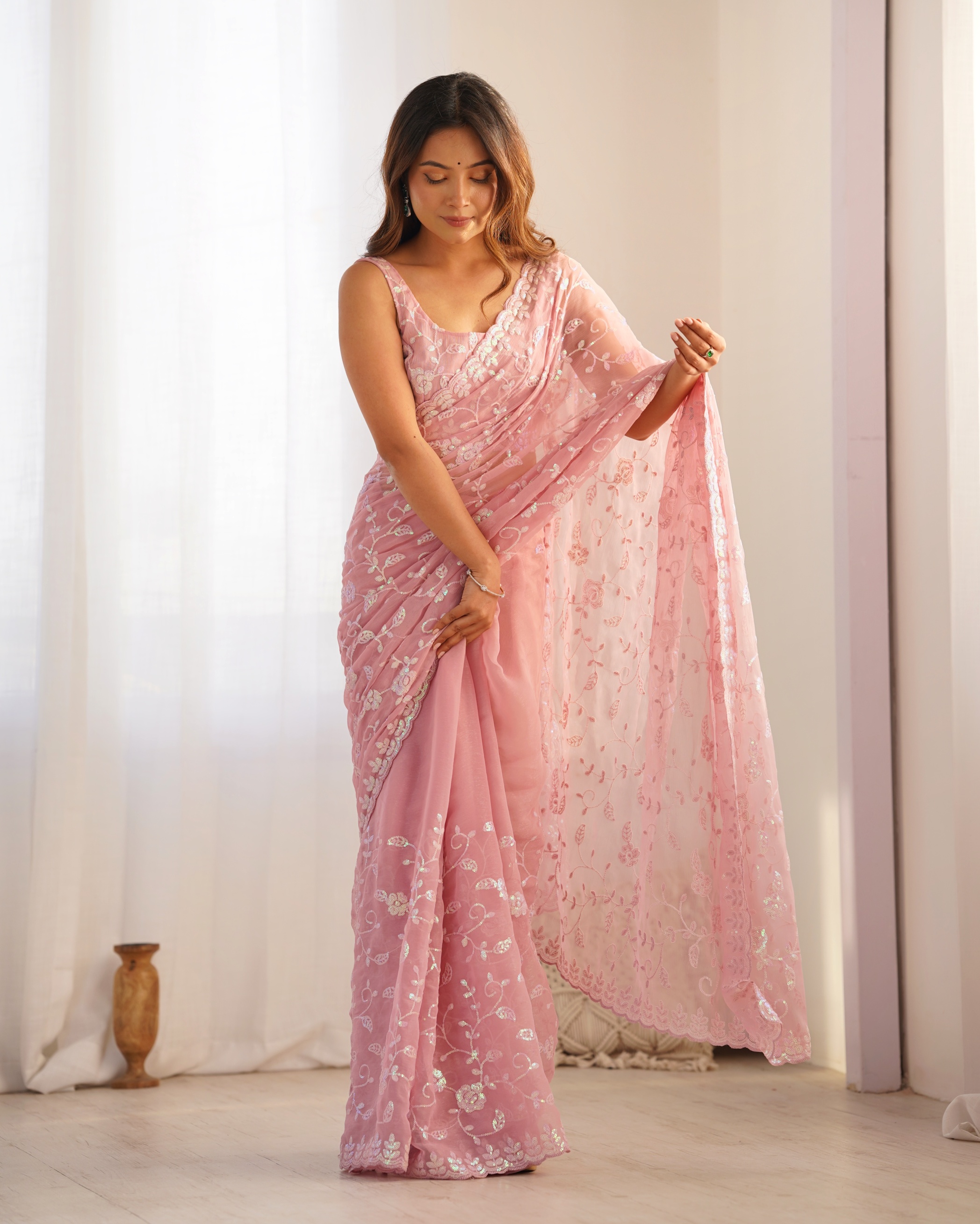 Onion Sequence Embroidered Shimmer Designer Saree