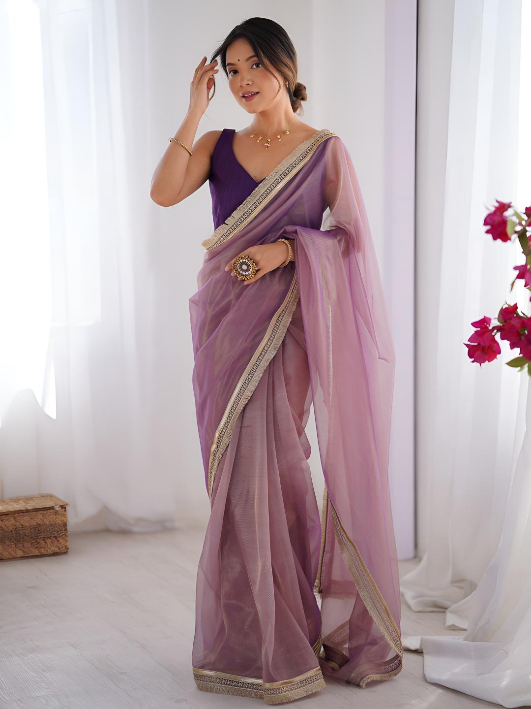 Onion Violet Cording Lace Border Gold Net Saree