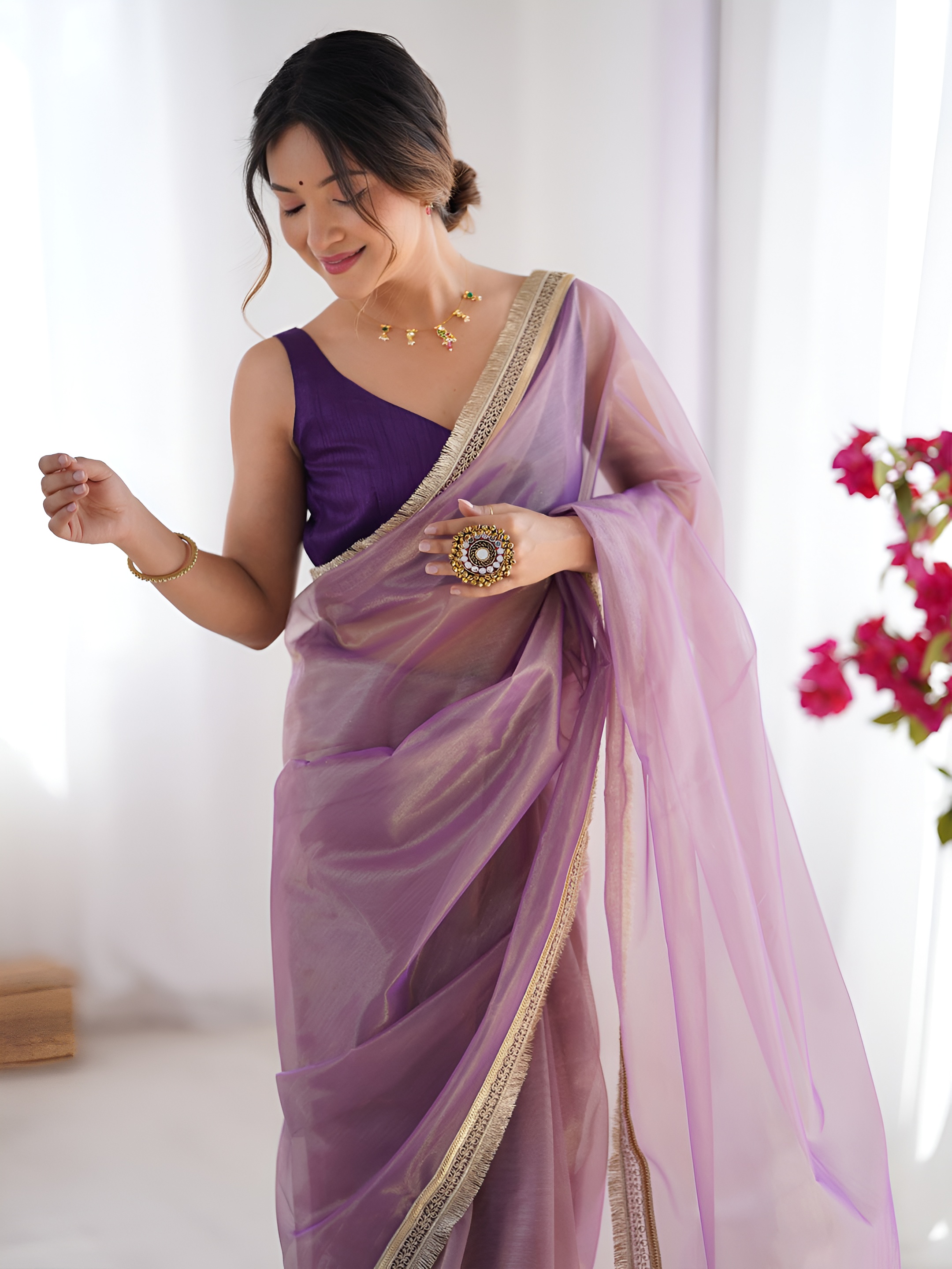Onion Violet Cording Lace Border Gold Net Saree