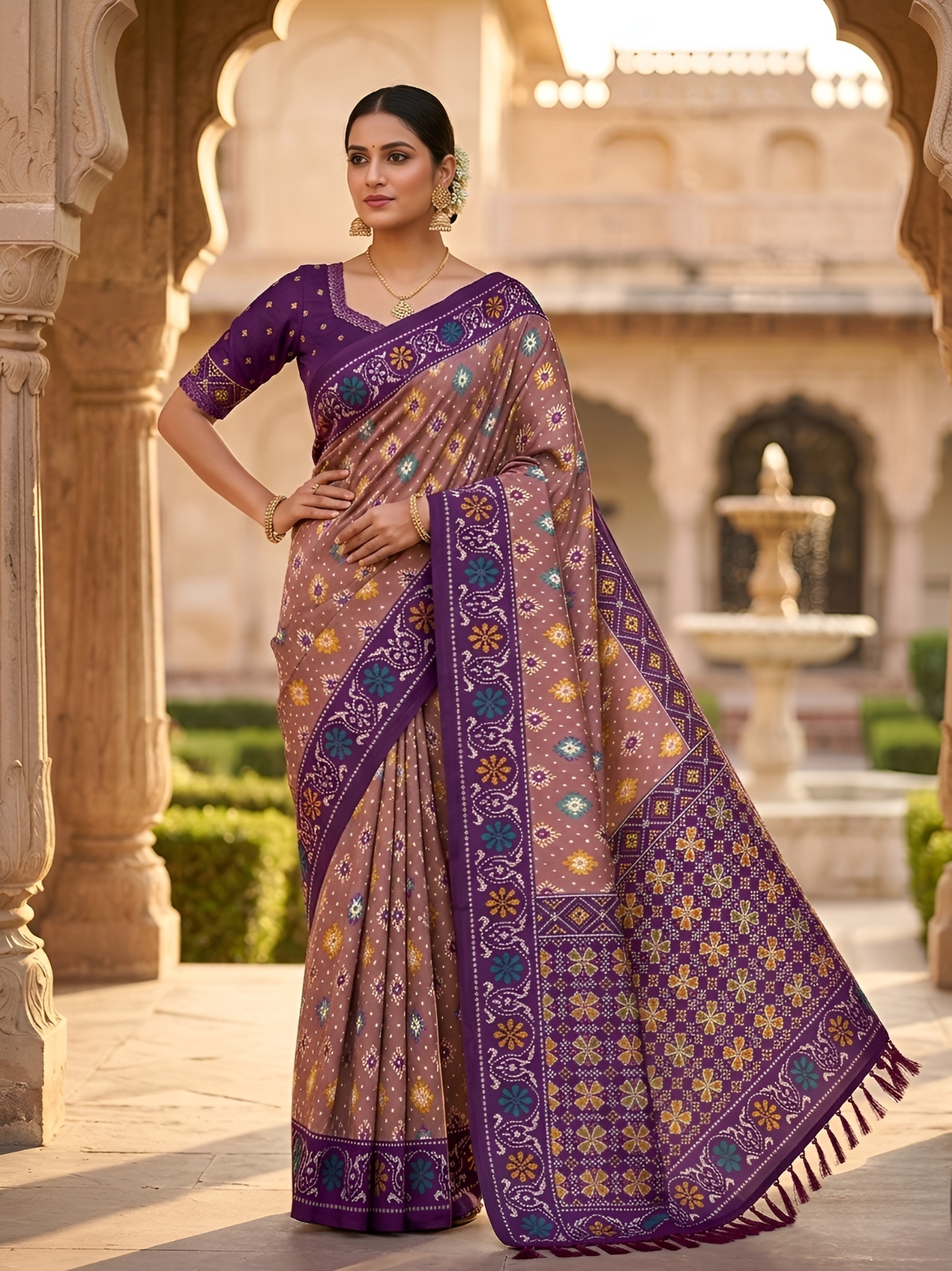 Onion Woven Meenakari Patola Silk Saree