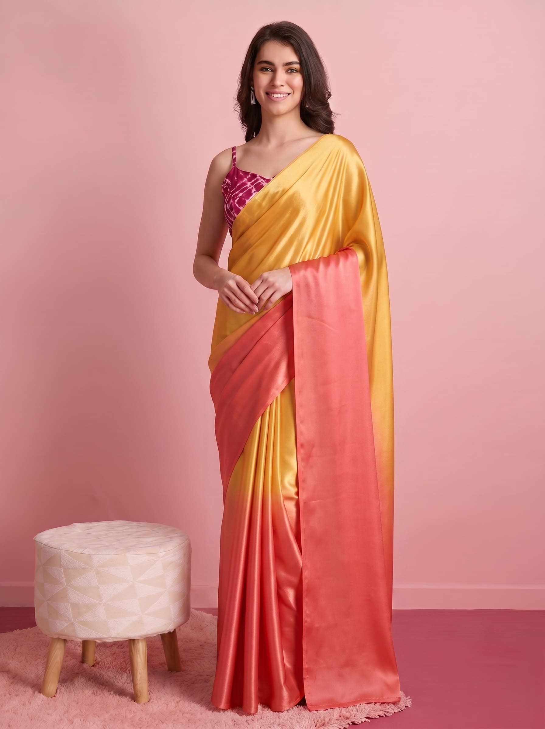 Orange Abstract Satin Ready To Wear Saree