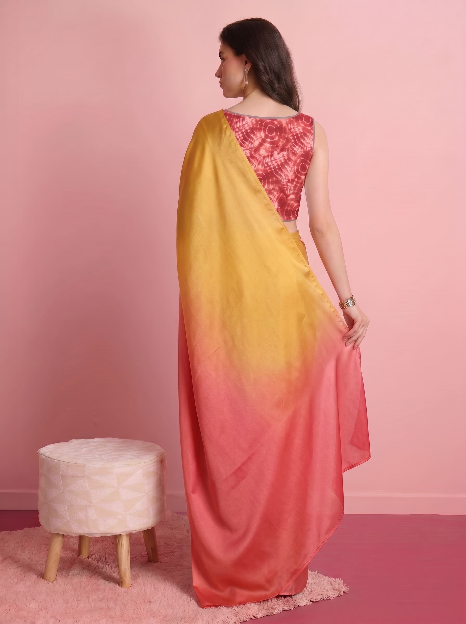 Orange Abstract Satin Ready To Wear Saree — alternate view