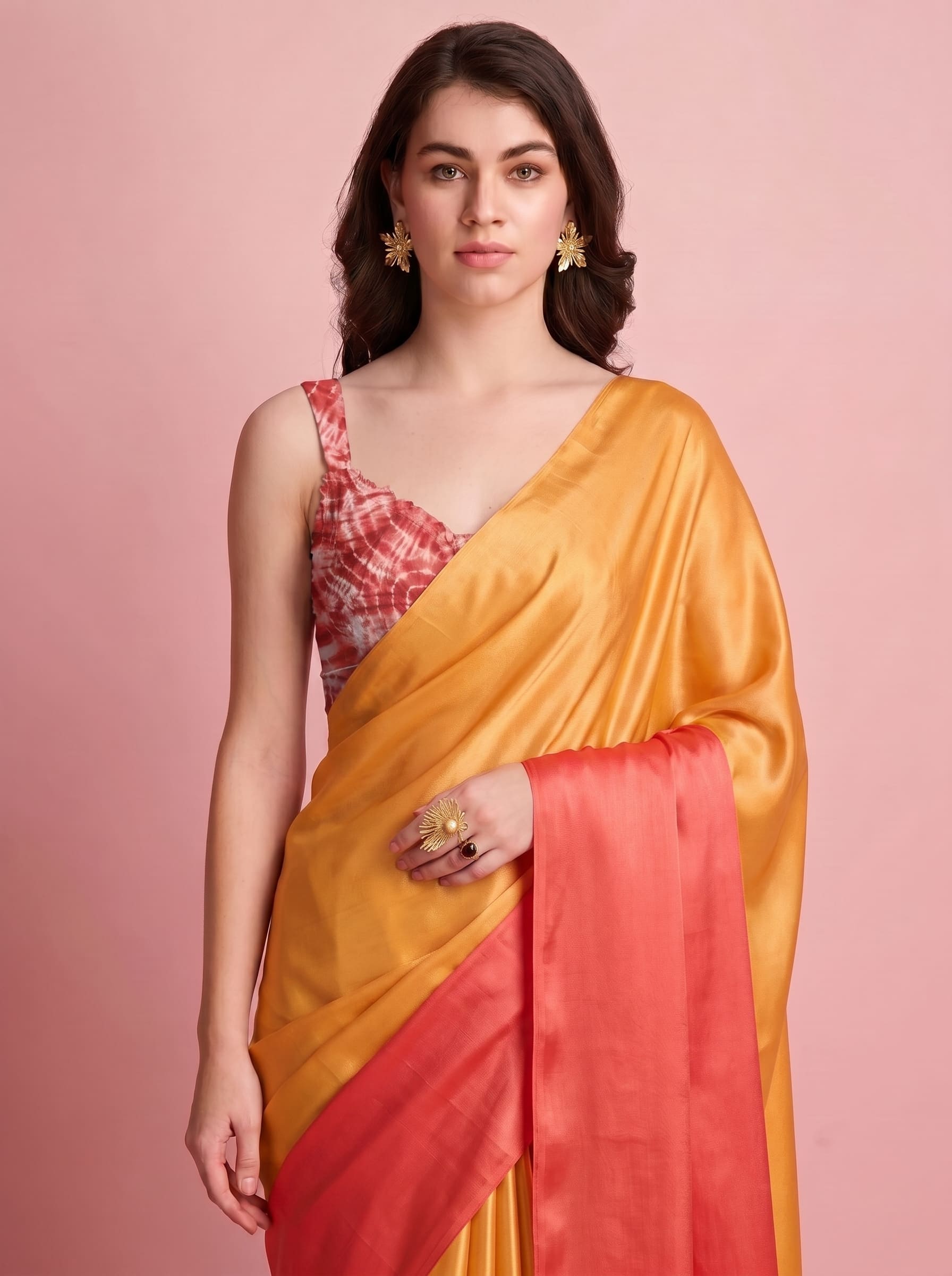 Orange Abstract Satin Ready To Wear Saree