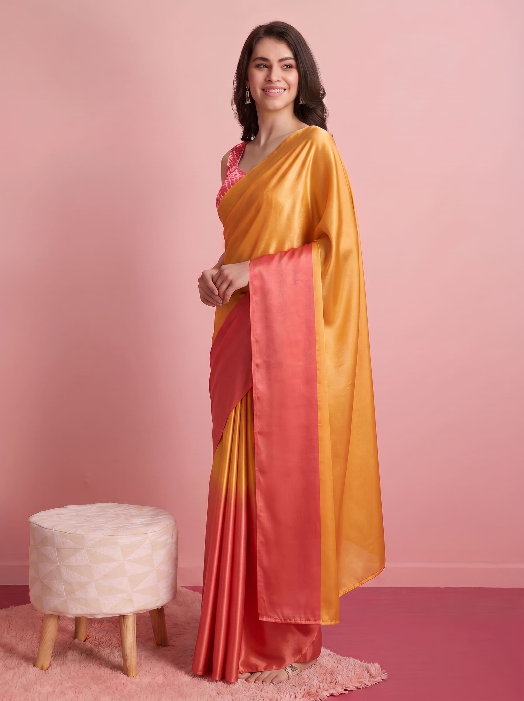 Orange Abstract Satin Ready To Wear Saree