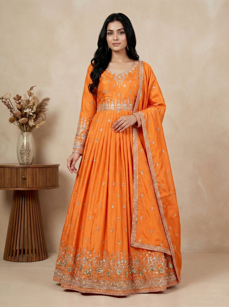 Orange American Silk Sequins Thread Festive Suit