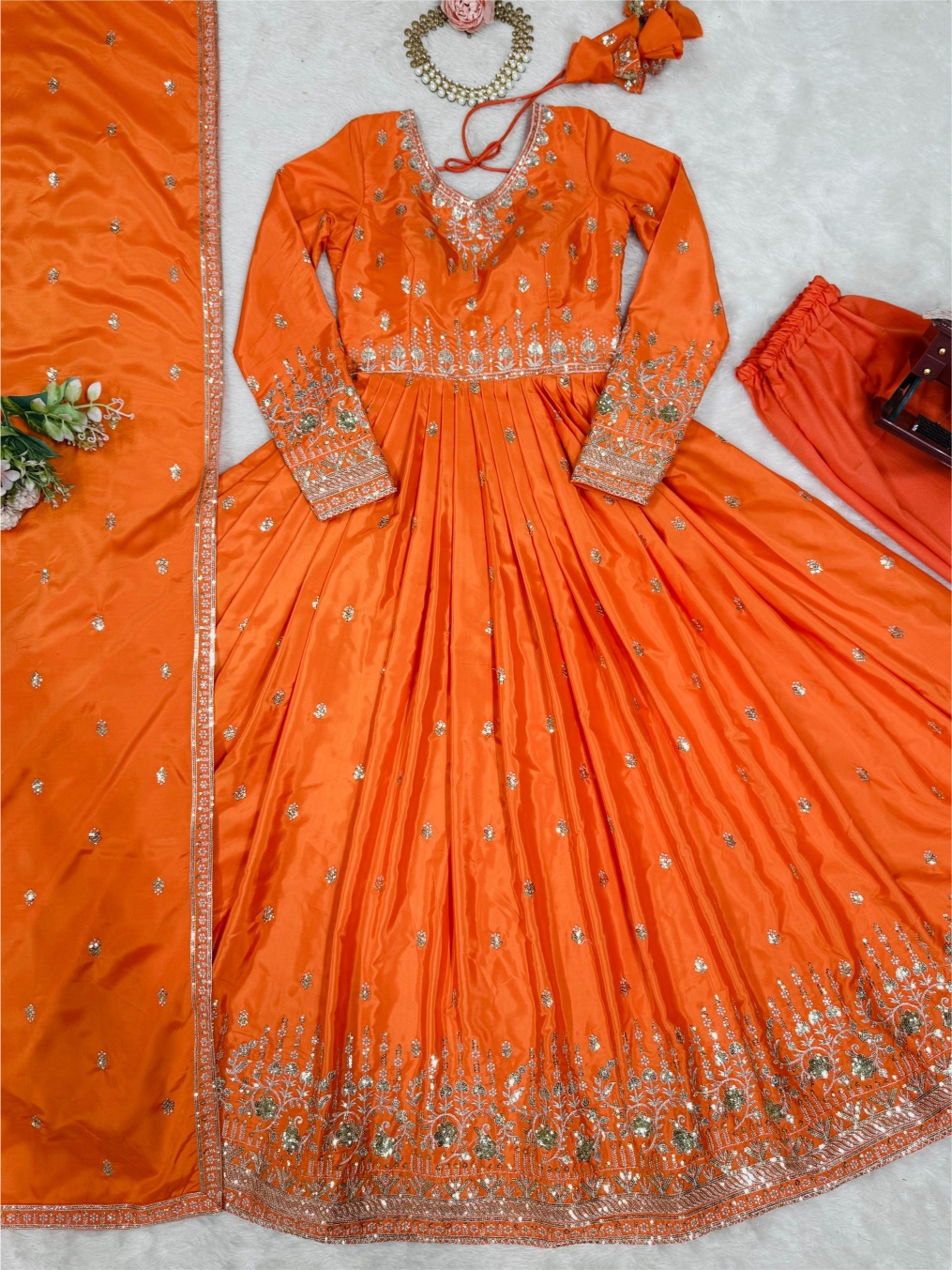 Orange American Silk Sequins Thread Festive Suit