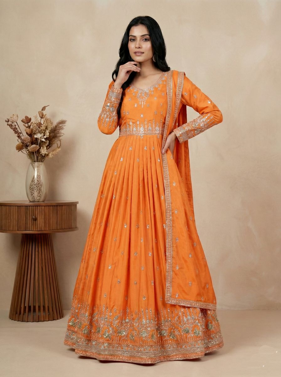 Orange American Silk Sequins Thread Festive Suit