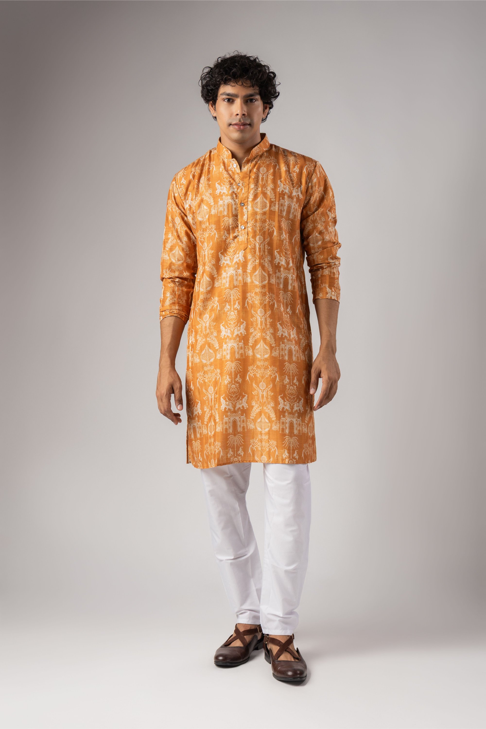 Orange Architectural Woven Art Silk Kurta Pyjama