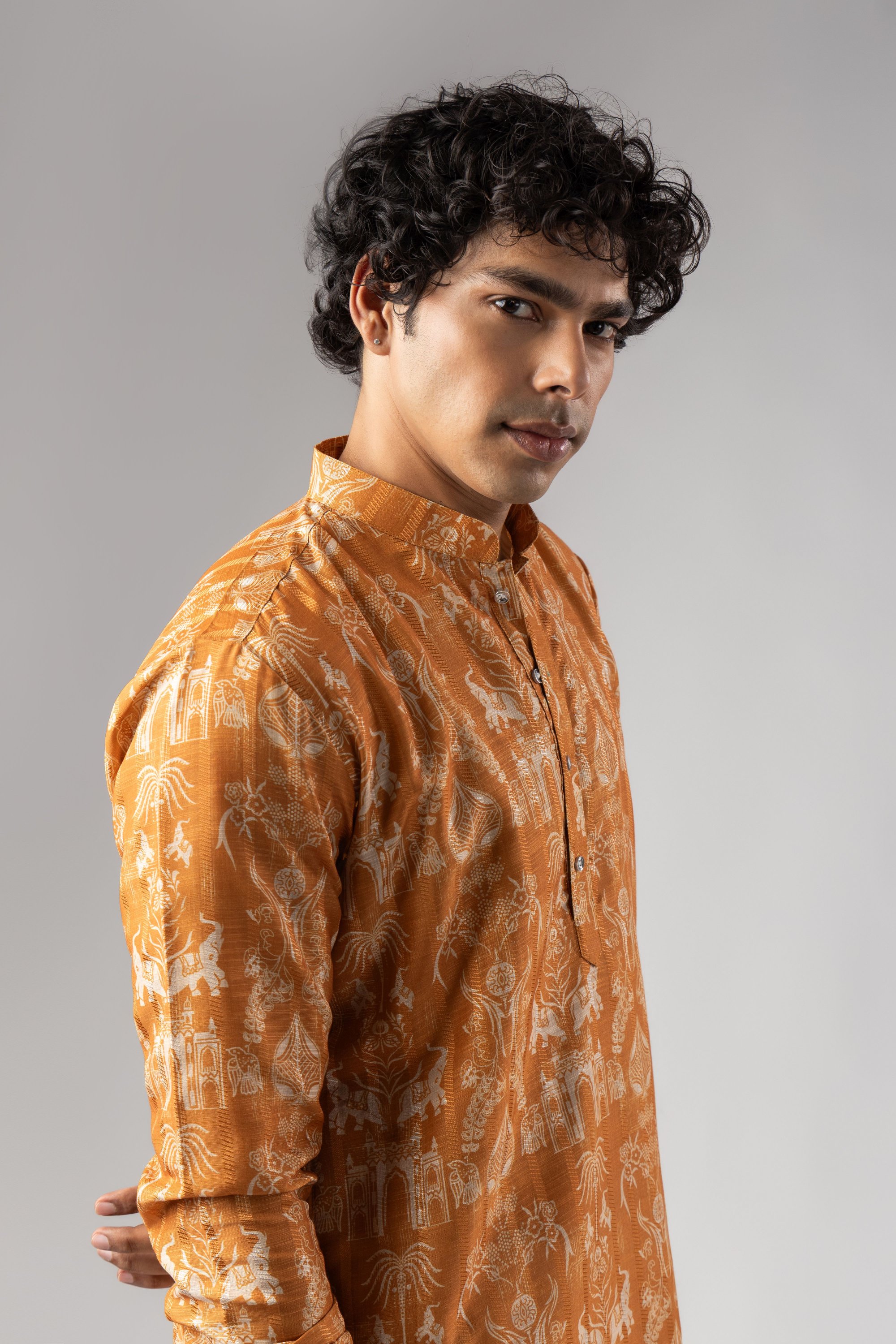 Orange Architectural Woven Art Silk Kurta Pyjama