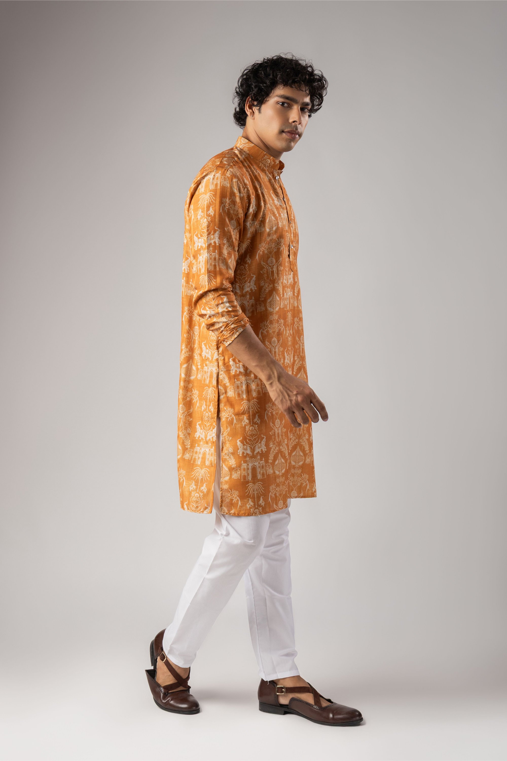 Orange Architectural Woven Art Silk Kurta Pyjama