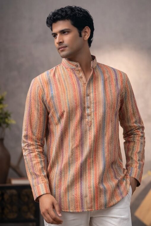 Orange Artisan Printed Linen Kurta