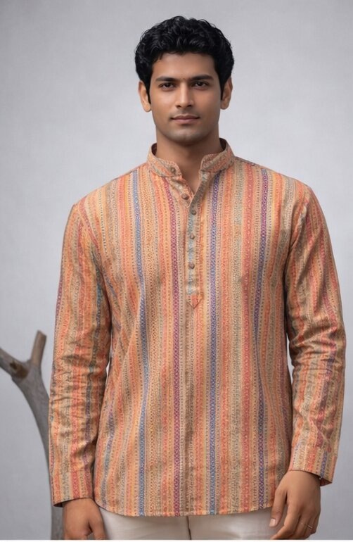 Orange Artisan Printed Linen Kurta
