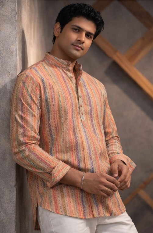 Orange Artisan Printed Linen Kurta