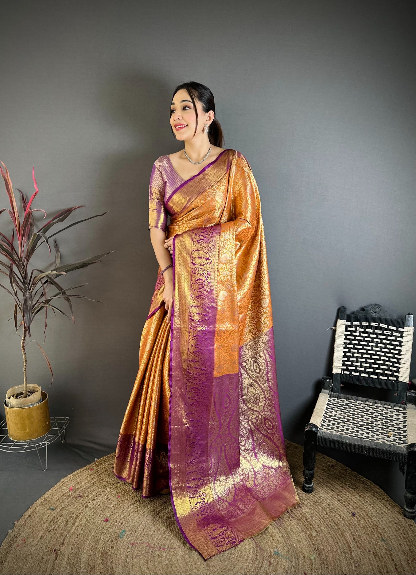 Orange Banarasi Inspired Kanchipuram Silk Saree