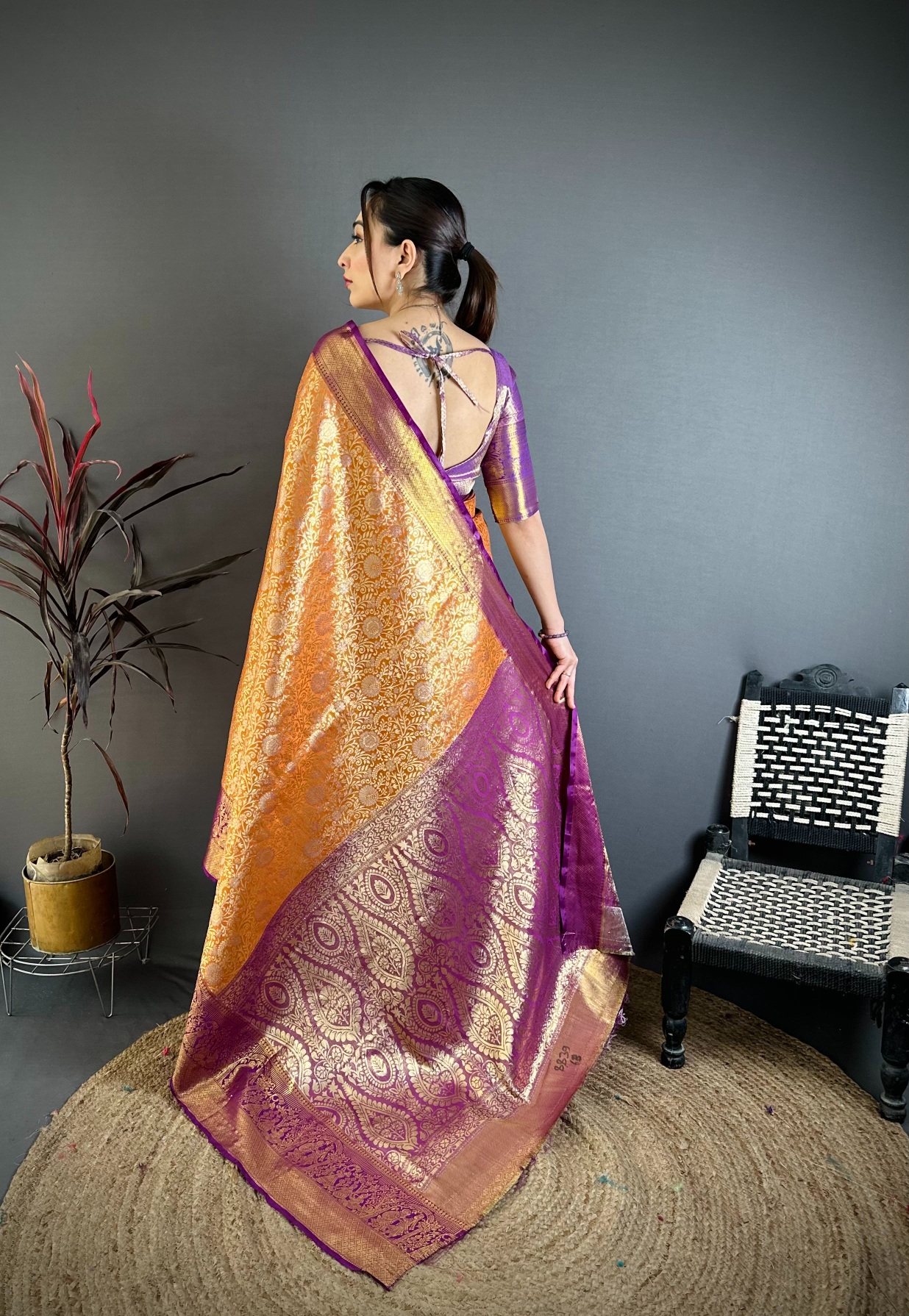 Orange Banarasi Inspired Kanchipuram Silk Saree — alternate view