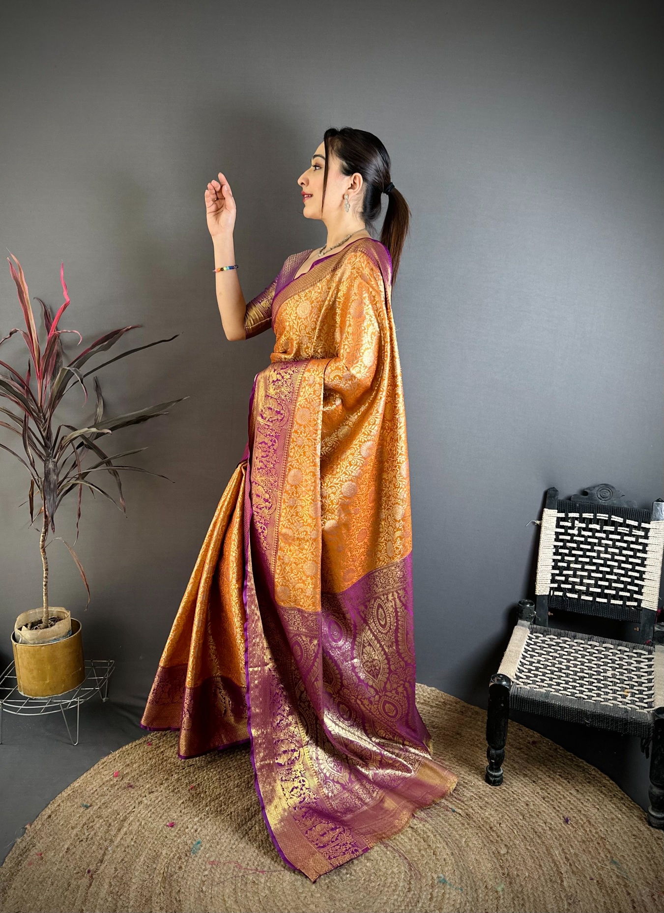 Orange Banarasi Inspired Kanchipuram Silk Saree