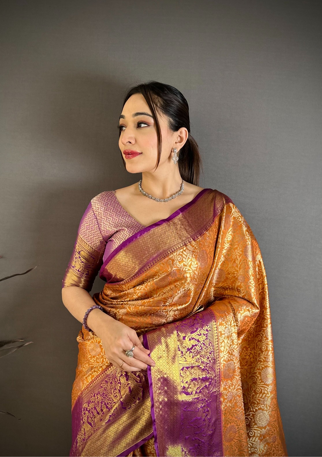 Orange Banarasi Inspired Kanchipuram Silk Saree