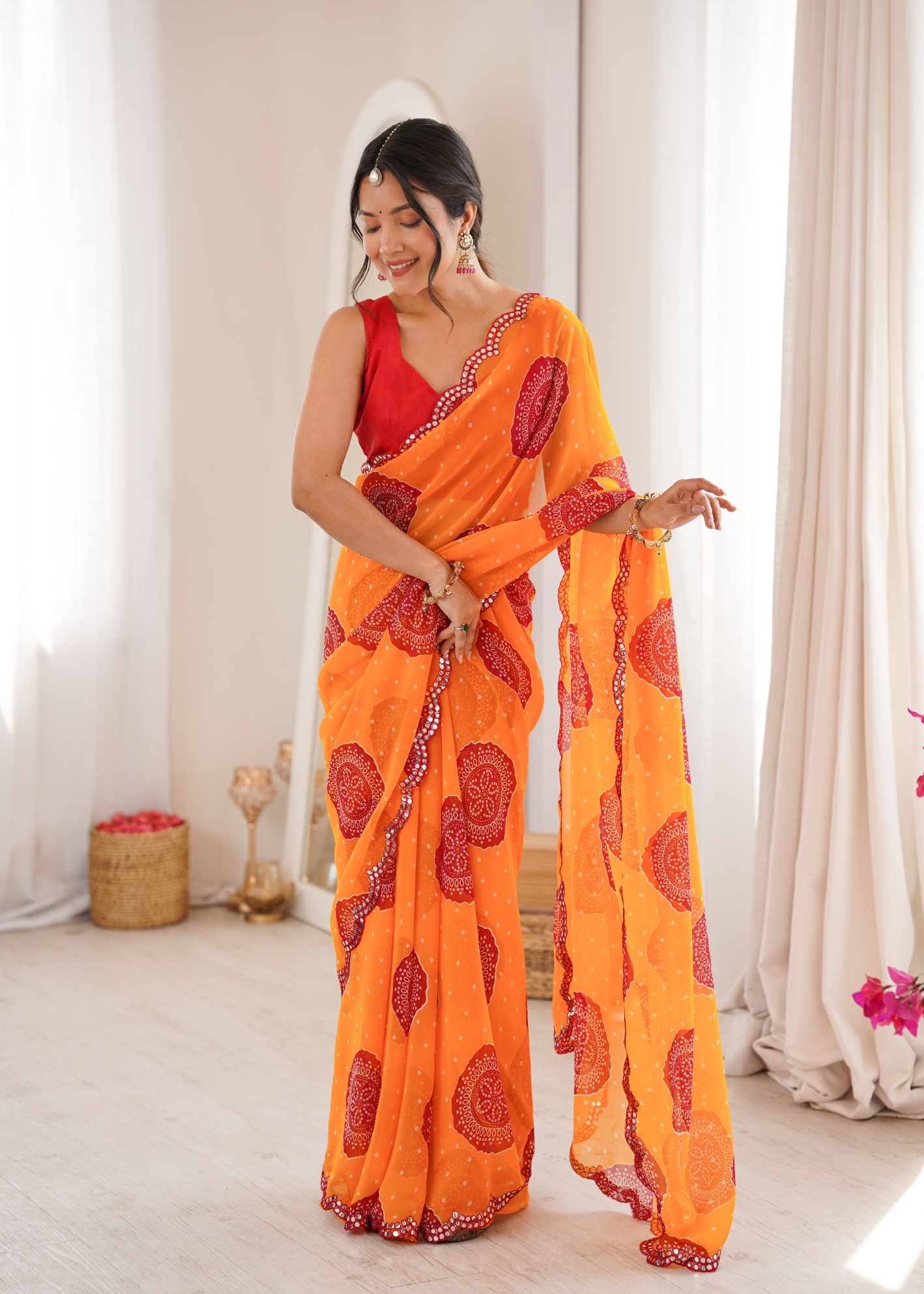 Orange Bandhani Printed Georgette Saree