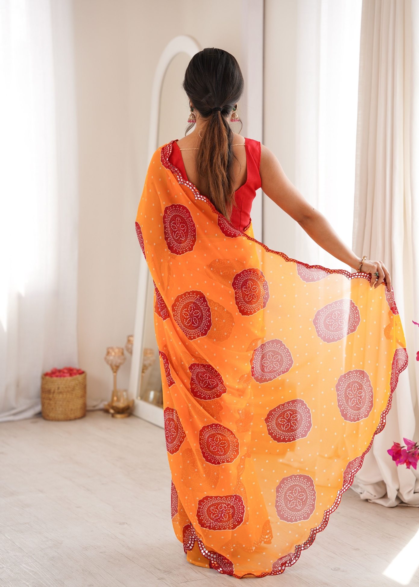 Orange Bandhani Printed Georgette Saree — alternate view
