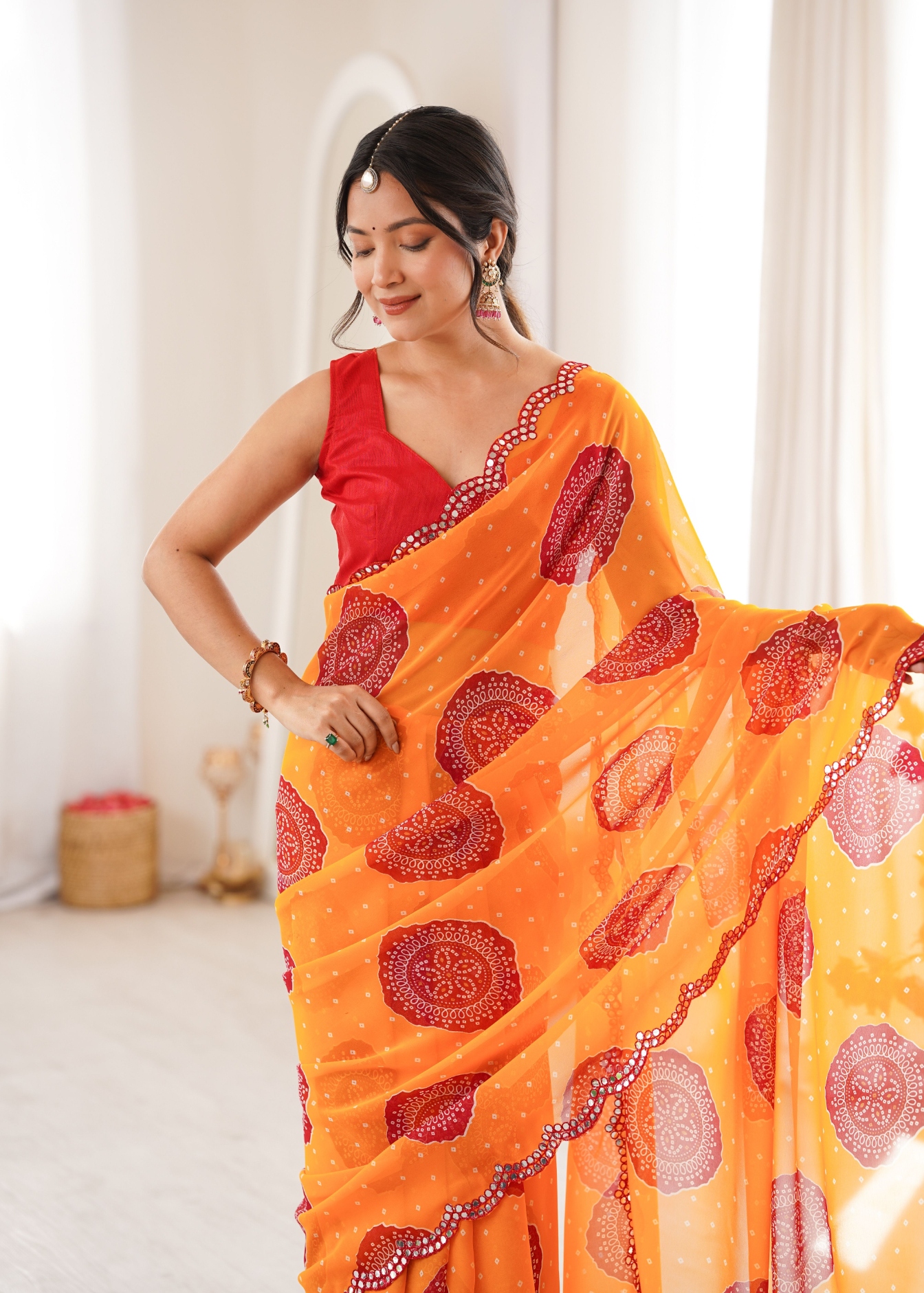 Orange Bandhani Printed Georgette Saree